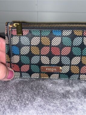 Fossil Black Wallet with Multicolor Geometric Leaf Print